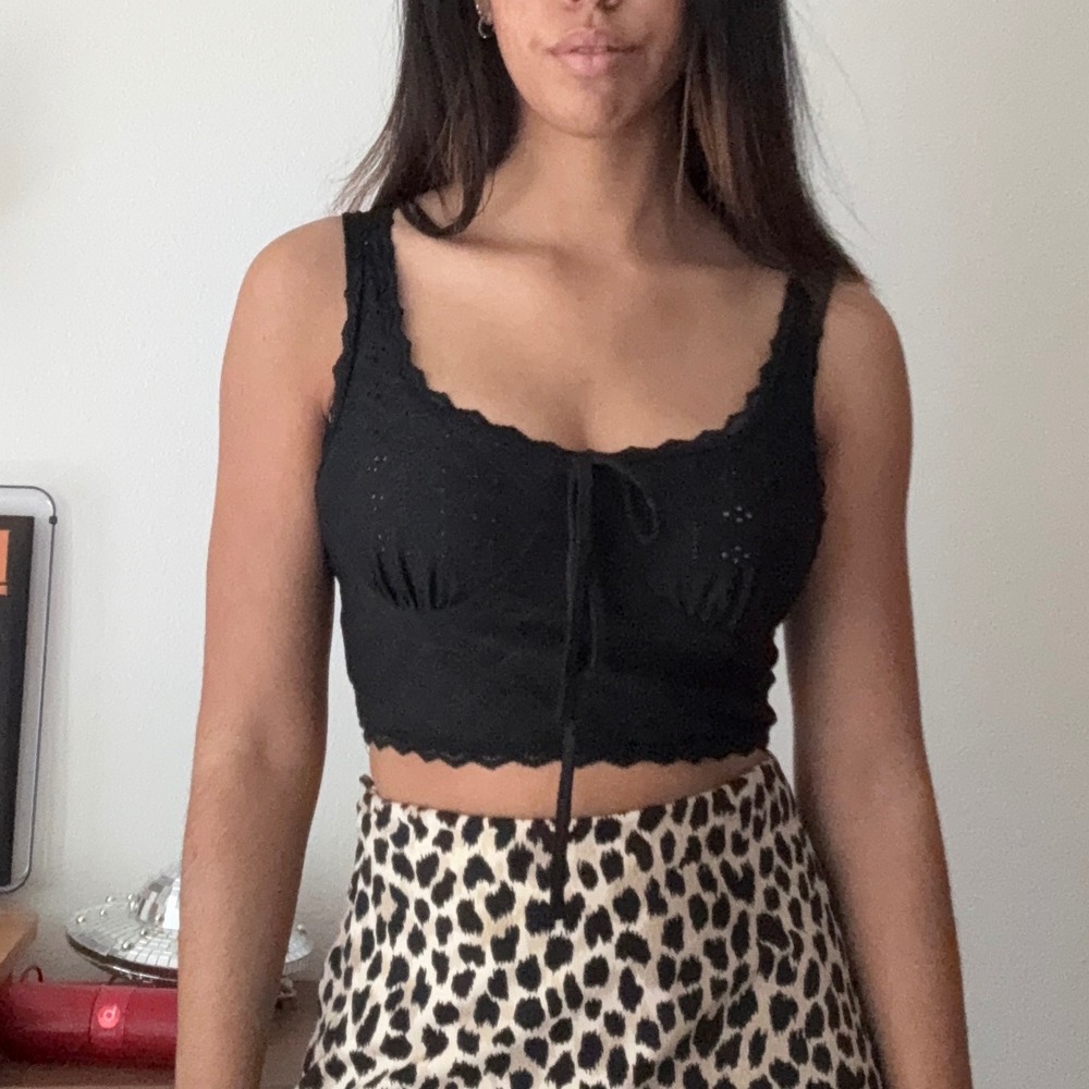 Fresral Black Eyelet Lace Trim Tie Front Crop Tank Top Women's M